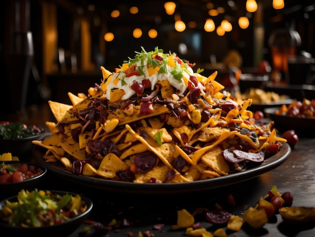 A plate of nachos with a lot of toppings on it