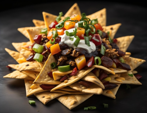 A plate of nachos with a lot of toppings with generative ai