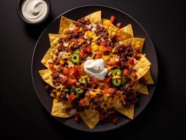 Photo a plate of nachos with meat and cheese and jalapenos