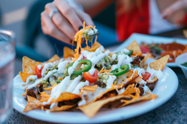 Photo a plate of nachos with a person eating it