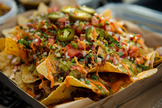 Photo a plate of nachos with a variety of toppings including cheese tomatoes onions