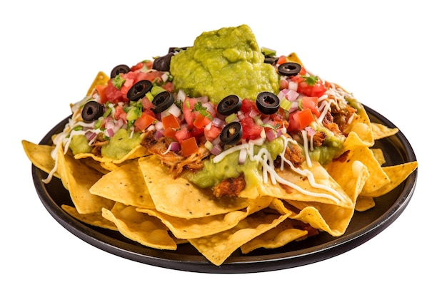 A plate of nachos with a white background