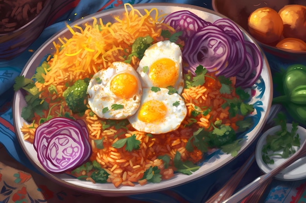 Plate of nasi goreng depicted with a colorful assortment of vegetables and spices Generative AI