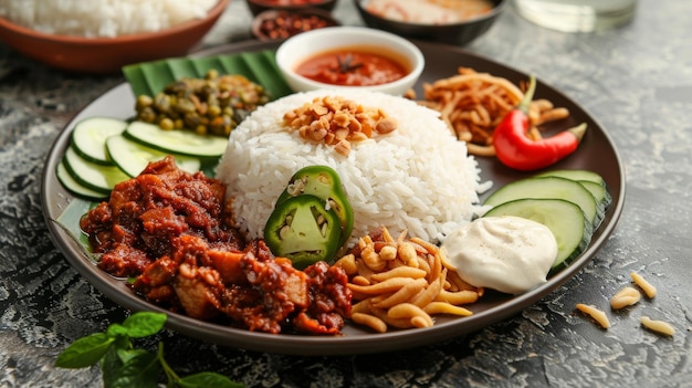 Photo a plate of nasi lemak with rice coconut milk and various side dishes