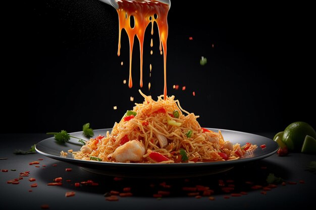 A plate of noodles being poured over a plate with a hand holding a spoon.