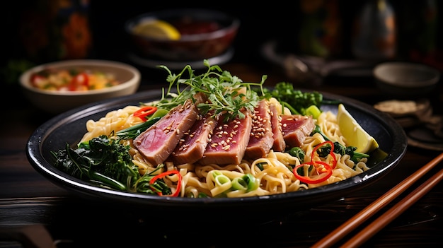 plate of noodles with beef and vegetables on a wooden table