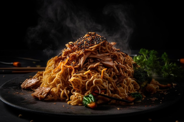 Photo a plate of noodles with a black background and a piece of broccoli on top.