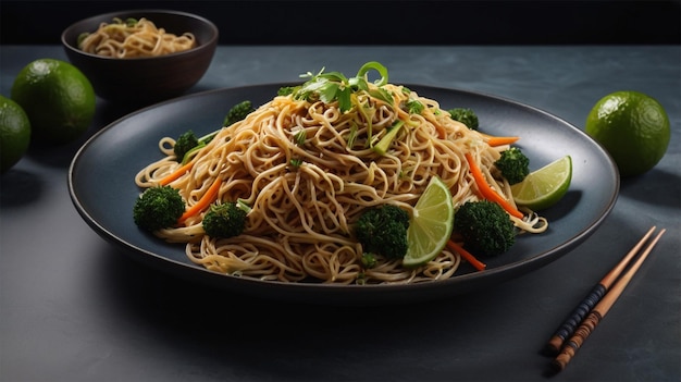 Photo a plate of noodles with broccoli and carrots on it