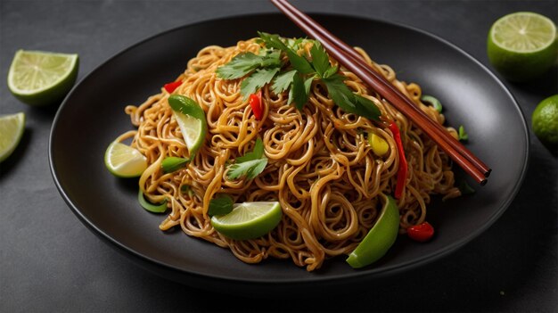 a plate of noodles with a chopstick and a chopstick