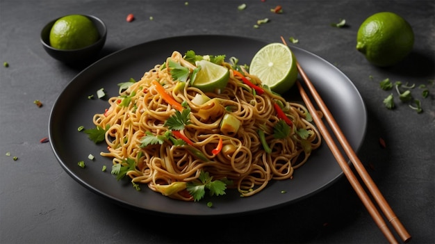 a plate of noodles with a fork and a knife on it