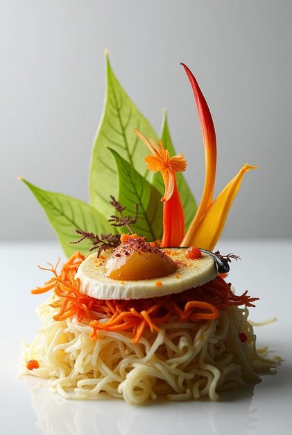 Photo a plate of noodles with a lemon and a piece of food on top of it