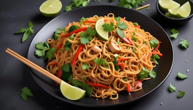 Photo a plate of noodles with a lime wedge on it