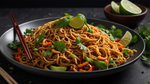 a plate of noodles with a lime wedge on top of it