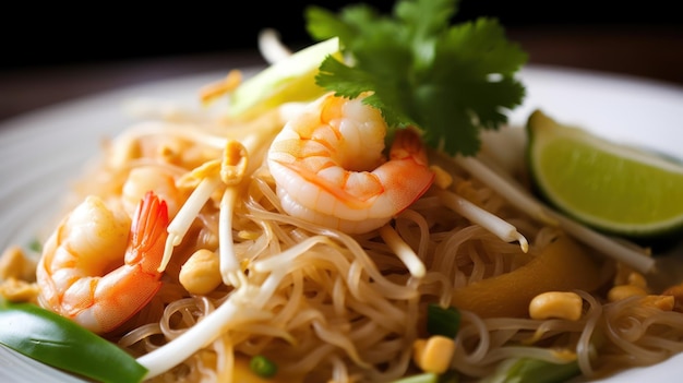 A plate of noodles with a shrimp on top