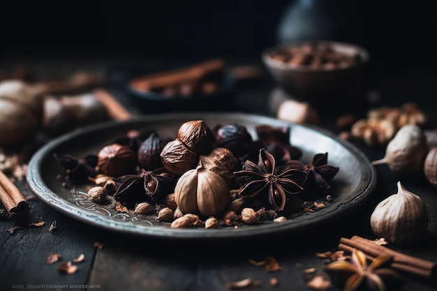 A plate of nuts and cinnamon on a table