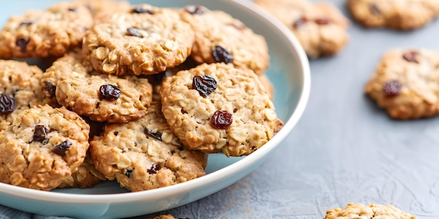 Plate of oatmeal cookies with raisins on blue and white background Concept food photography oatmeal cookies raisins blue background white background