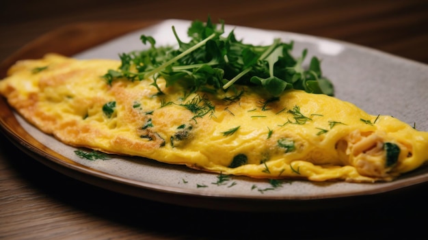 A plate of omelette with a green salad on it