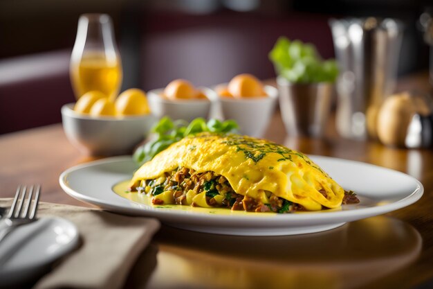 A plate of omelette with a side of orange juice and a glass of orange juice.