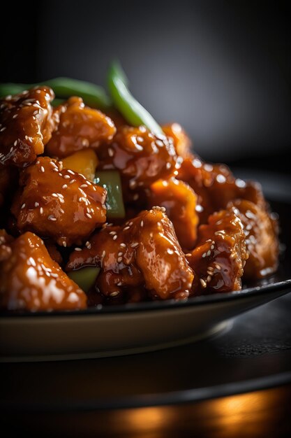 Photo a plate of orange chicken with green peppers on a dark background