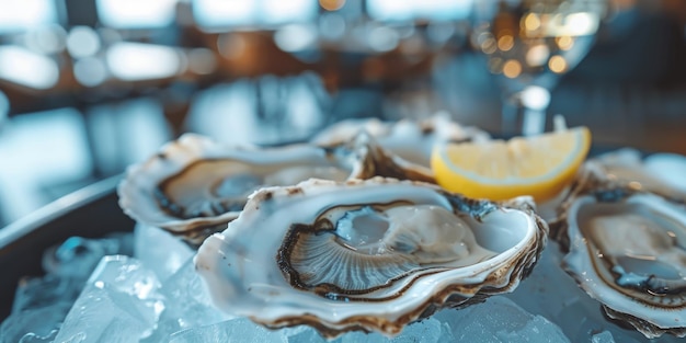 A plate of oysters with a lemon wedge on top