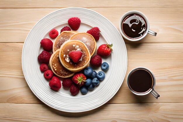 A plate of pancakes with berries and syrup on it