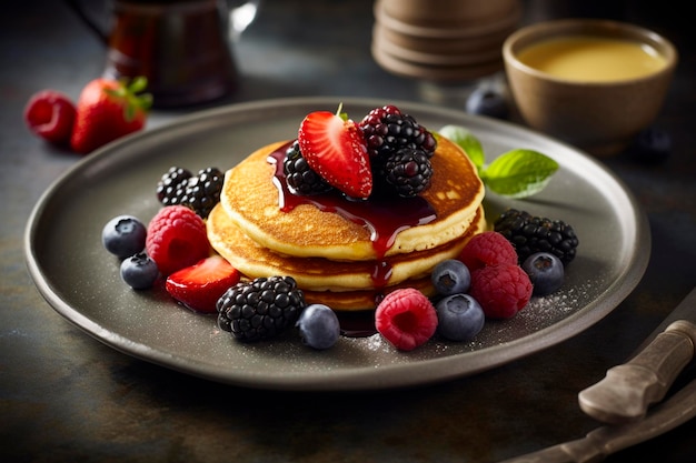 A plate of pancakes with berries and syrup on it