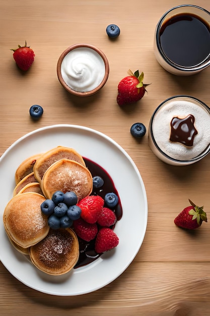 A plate of pancakes with berries and whipped cream