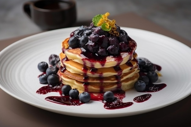 A plate of pancakes with blueberries and a cup of tea