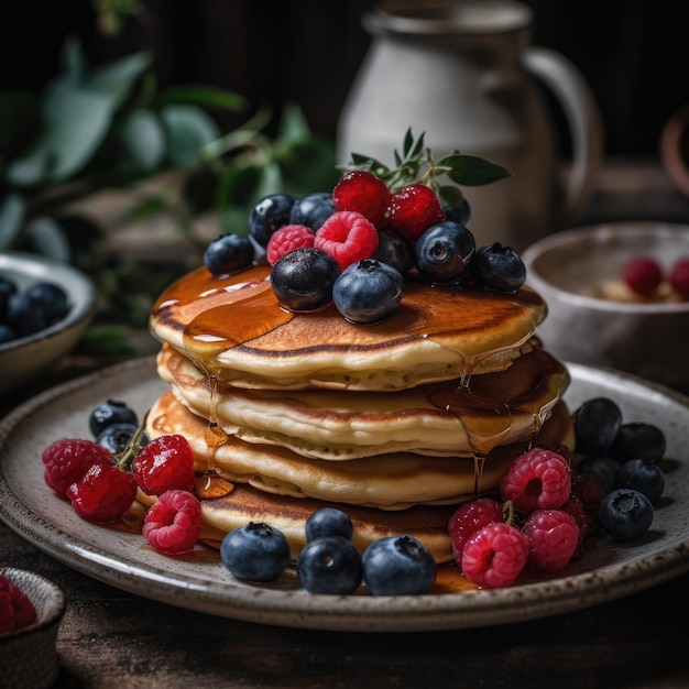 A plate of pancakes with blueberries and raspberries on top.