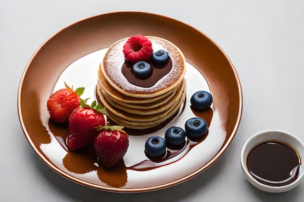 A plate of pancakes with blueberries and raspberries