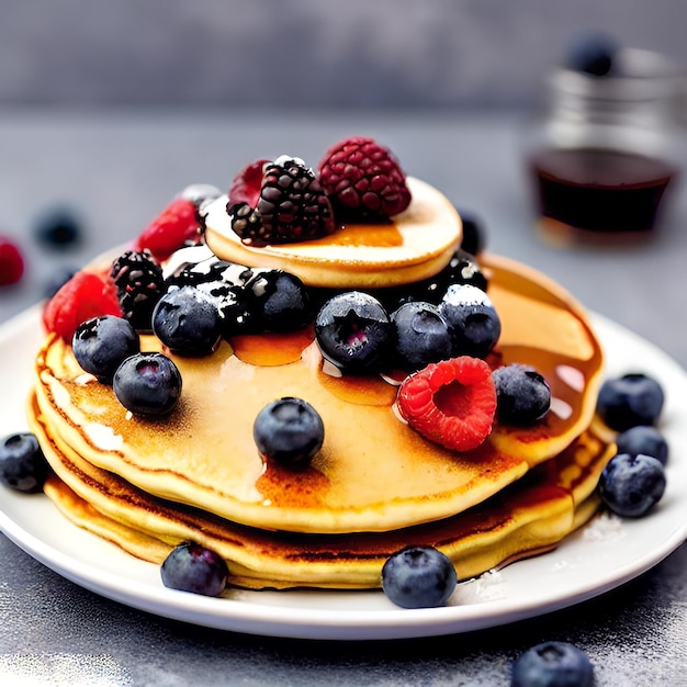 A plate of pancakes with fresh berries honey close up on a gray background Delicious breakfast