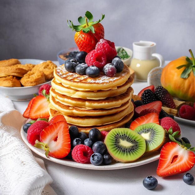 A plate of pancakes with fruit on it