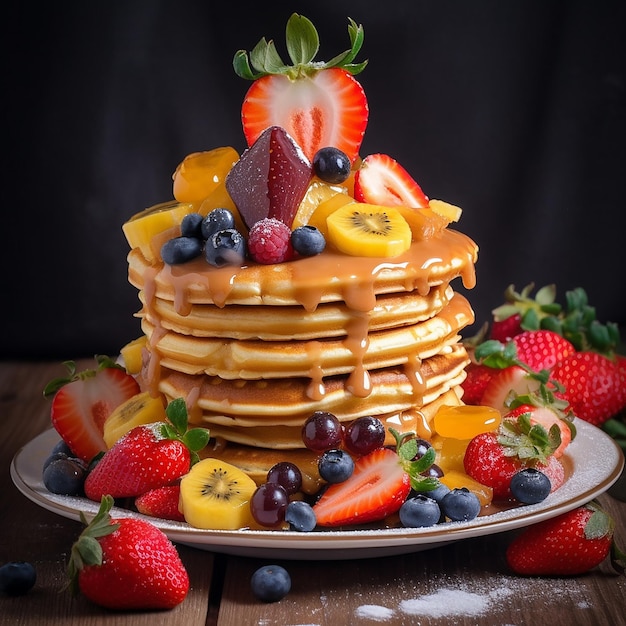 A plate of pancakes with fruit on top of it