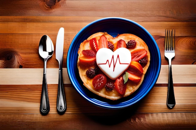 A plate of pancakes with a heart shaped cake with a heart on top.