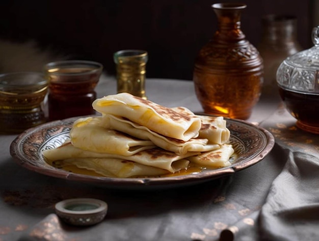 A plate of pancakes with a plate of sauce on it