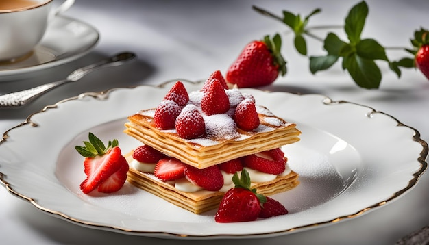 a plate of pancakes with strawberries and cream on it with a plate of strawberries on it