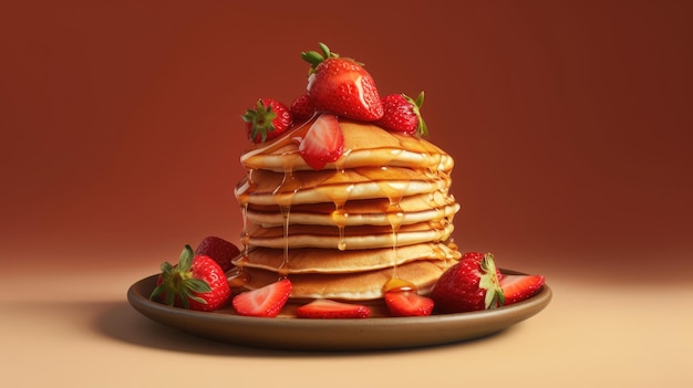 A plate of pancakes with strawberries on top