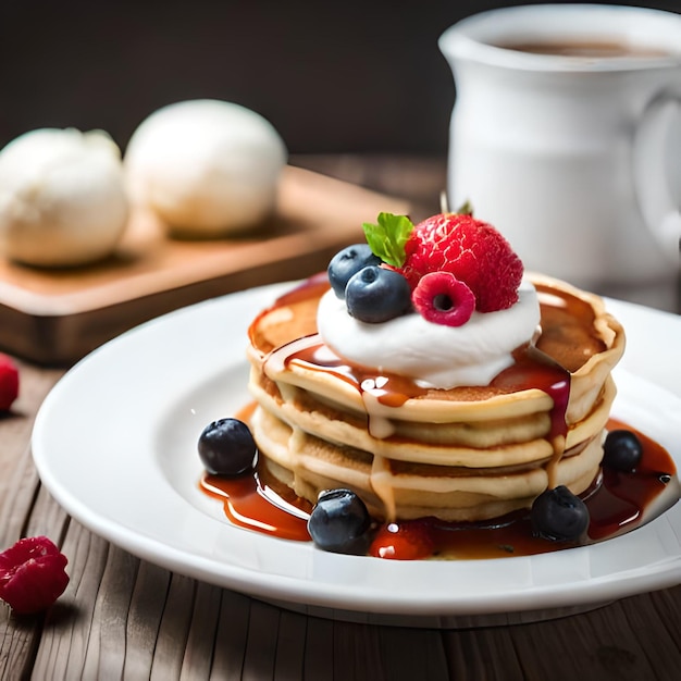 A plate of pancakes with whipped cream and blueberries on top.