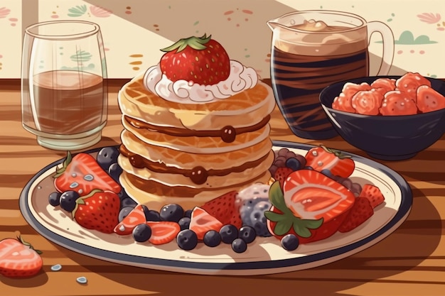 A plate of pancakes with whipped cream and strawberries on it