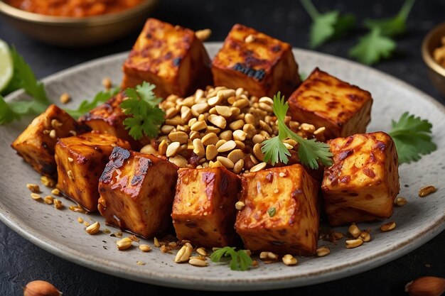 A plate of paneer tikka garnished with crushed peanuts