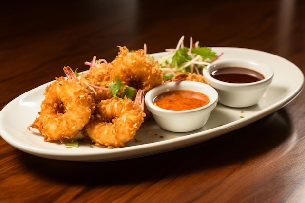 A plate of pankocrusted shrimp with dipping sa Seafood Photos 1414jpg