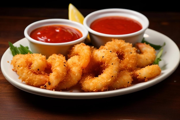 A plate of pankocrusted shrimp with a tangy sa Seafood Photos 1405jpg