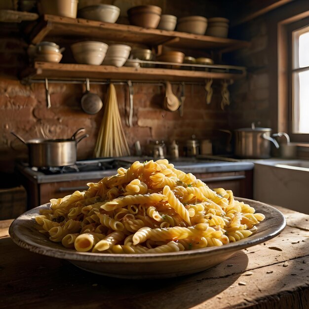 a plate of pasta is on a table in a kitchen