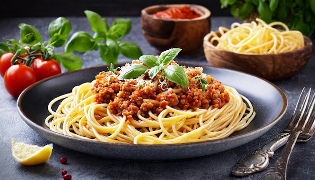 plate of pasta spaghetti with sauce bolognese