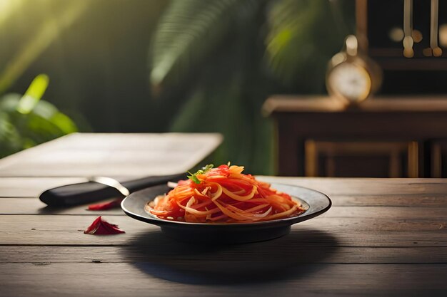 A plate of pasta on a table with a clock on the background