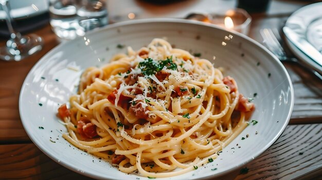 A plate of pasta with bacon and cheese