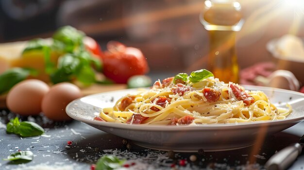 A plate of pasta with bacon and cheese