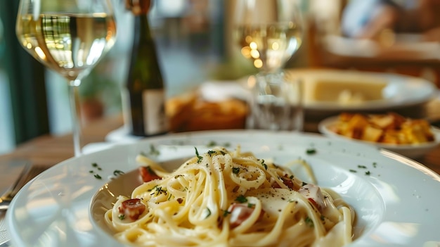 A plate of pasta with bacon and cheese