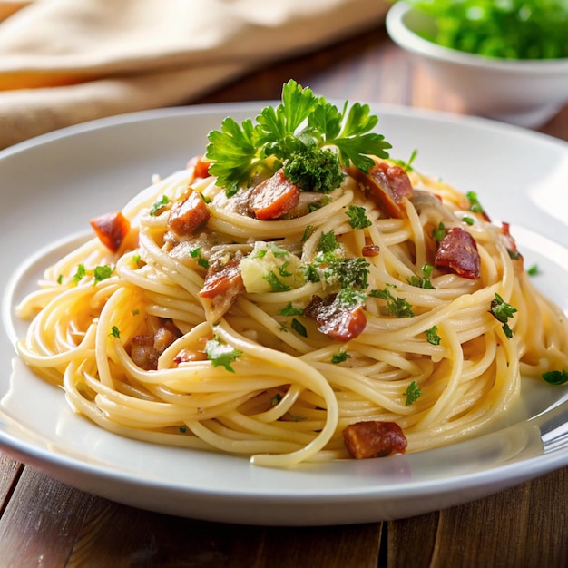 a plate of pasta with bacon and parsley on top