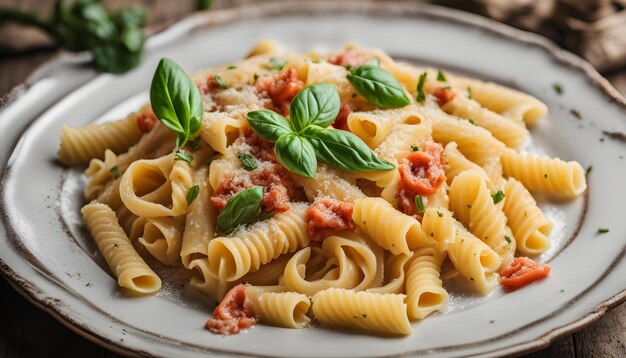 a plate of pasta with basil and basil on it